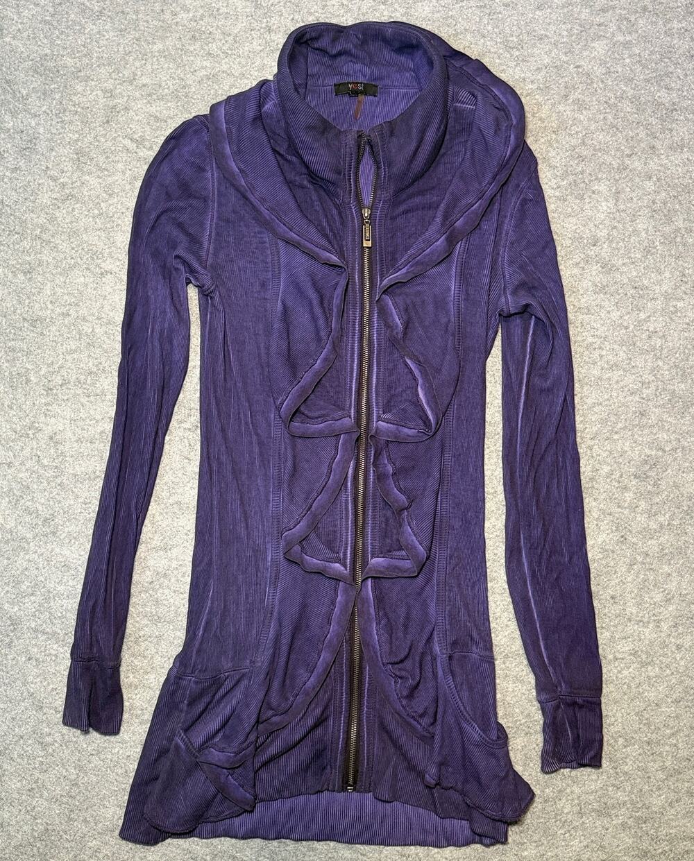 Yest Women Long Sleeve Hoodie Style Zip Up Ribbed Knit Purple Gray